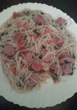 A picture of Spaghetti and smokie mix#4weekschallenge.