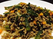 A picture of minced meat with green bell peppers