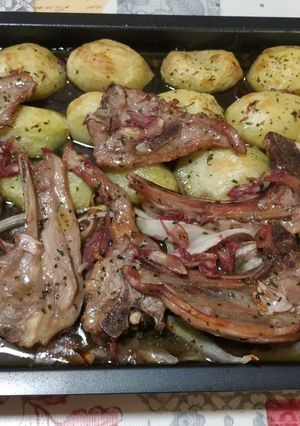 A picture of Lamb Chops with Roasted Potatoes.