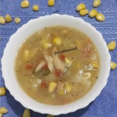 A picture of Sweetcorn chicken and vegetables soup.