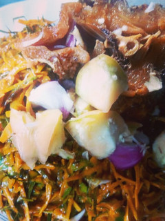 A picture of Stockfish and african salad.
