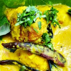 Masoor daal curry with masoor daal pakoda A picture of Masoor daal curry with masoor daal pakoda.