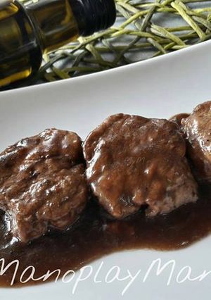 A picture of Pork Tenderloin in Truffle and Black Garlic Sauce in GME, F and G, and Traditional.