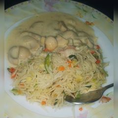 Chicken with mushrooms in White sauce A picture of Chicken with mushrooms in White sauce.
