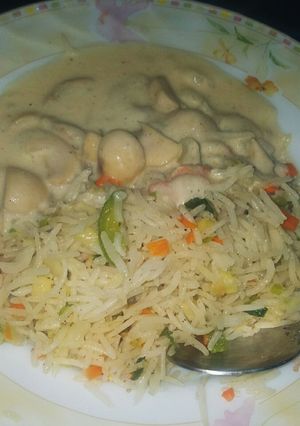 A picture of Chicken with mushrooms in White sauce.