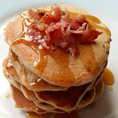 A picture of Vickys Maple Bacon Pancakes GF DF EF SF NF.