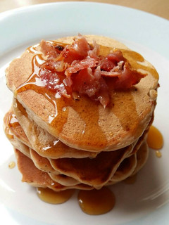A picture of Vickys Maple Bacon Pancakes GF DF EF SF NF.