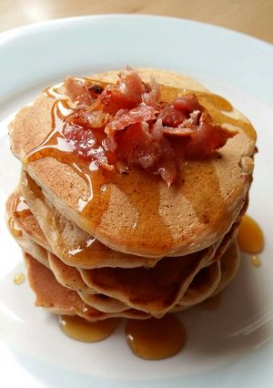 A picture of Vickys Maple Bacon Pancakes GF DF EF SF NF.