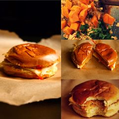 A picture of Chickpeas and butternut squash burgers.