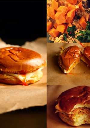 A picture of Chickpeas and butternut squash burgers.