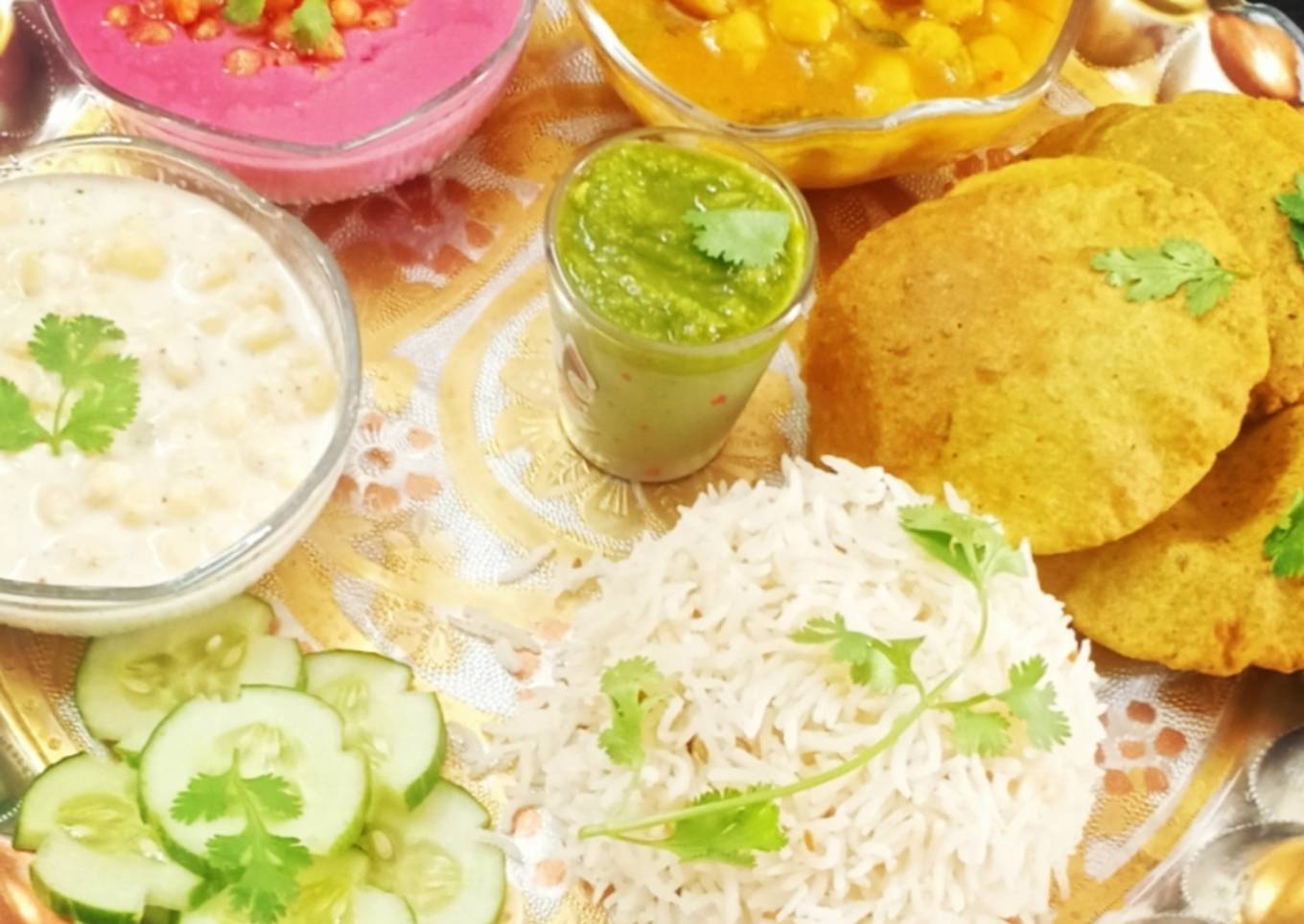 Punjabi Thali / Choley Puri, Boondi Raita, Beetroot Raita, Rice