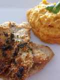 Puré de Camote con Pollo encostrado en Avena-Quinua a lo Carmelita