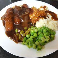 A picture of My Sausage in Onion Gravy with Creamy Mashed Potato & Peas. 😘.