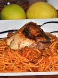 Pollo con verduras y spaghetti