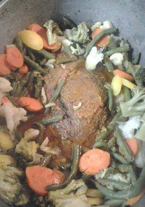 A picture of Roasted buttered beef and vegetables.