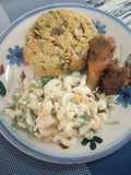 Caribbean Rice with vegetable pasta salad with beef and chicken