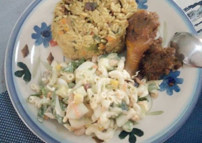 Caribbean Rice with vegetable pasta salad with beef and chicken