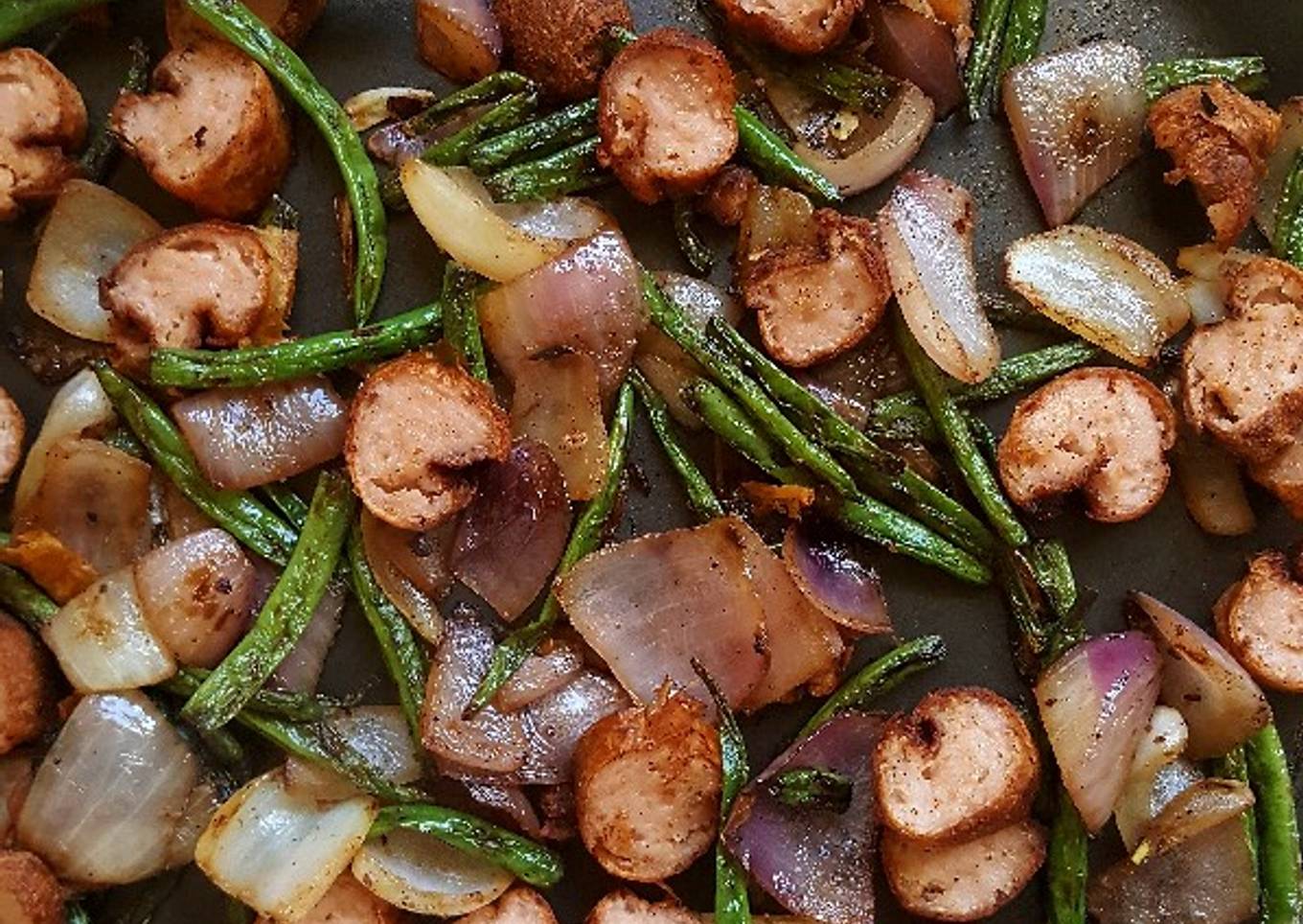 Sausage Onion French beans stir fry