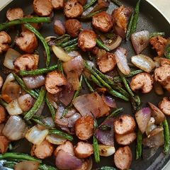 A picture of Sausage Onion French beans stir fry.