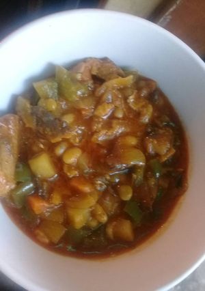 A picture of Tin fish with tin vegetables.