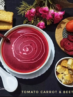 A picture of Tomato Carrot & Beetroot Soup.