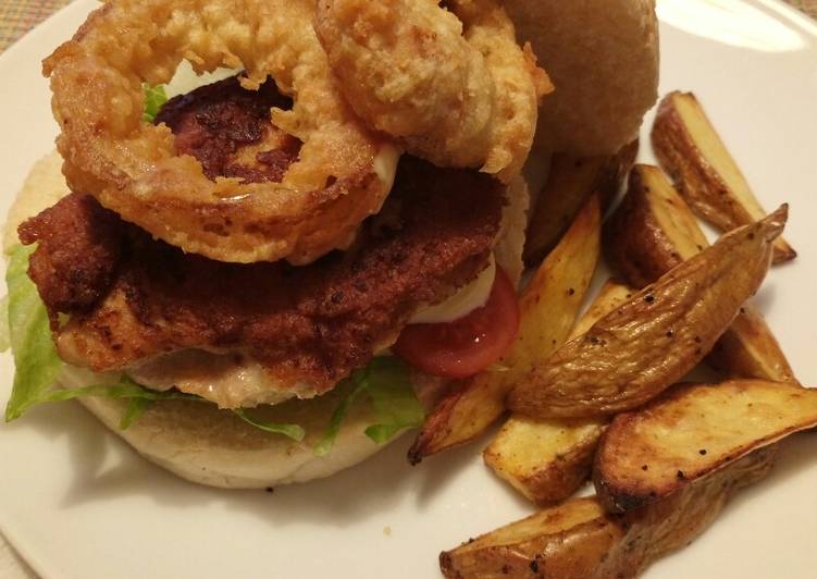 Chicken burger with beer battered onion & Cajun wedges