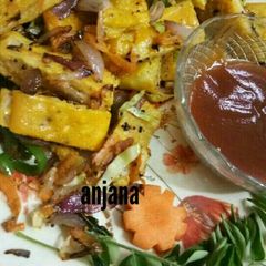 A picture of Baked bread pakoda with veggies tadka.
