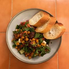 Greek Salad with fried Chickpeas A picture of Greek Salad with fried Chickpeas.