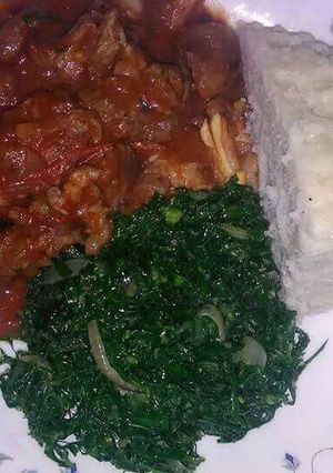 A picture of Beef stew with Sukuma wiki.