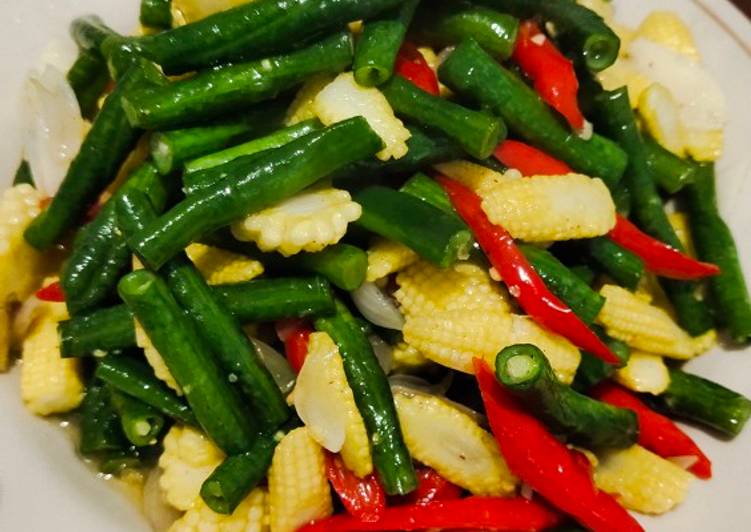 Resep Tumis kacang panjang+jagung muda Anti Gagal
