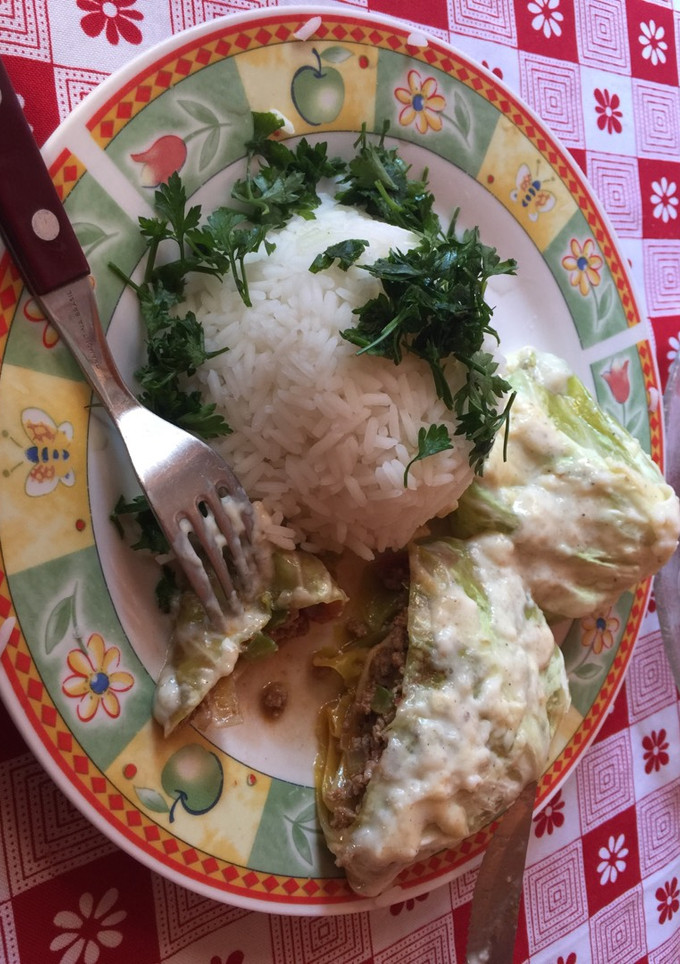 Una foto de Relleno de carne envuelto en repollo con salsa blanca light y arroz