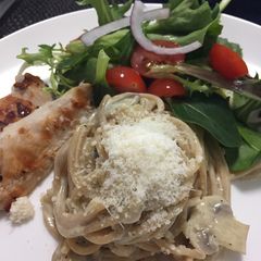 A picture of Wholemeal spagetti mushroom with grilled chicken.