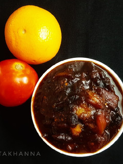 A picture of Sweet and sour Tomato and orange chutney.