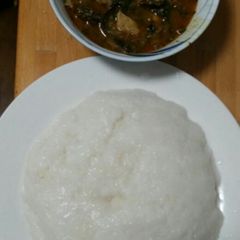A picture of Rice flour amala and Ogbono soup with Japanese horenso.