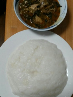 A picture of Rice flour amala and Ogbono soup with Japanese horenso.