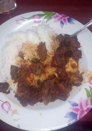 A picture of Beef stew with rice.
