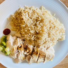 Hainanese Chicken rice A picture of Hainanese Chicken rice.