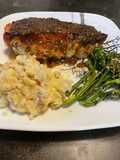 Brown sugar bourbon glazed stuffed salmon