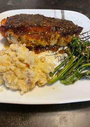 A picture of Brown sugar bourbon glazed stuffed salmon.