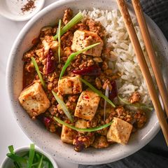 Mapo Tofu (ground pork and tofu in a spicy bean sauce) A picture of Mapo Tofu (ground pork and tofu in a spicy bean sauce).