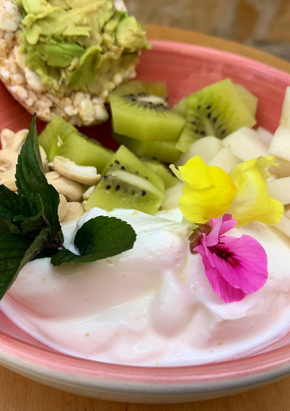 Una foto de Almuerzo o desayuno saludable: bowl de yogur con fruta y flores