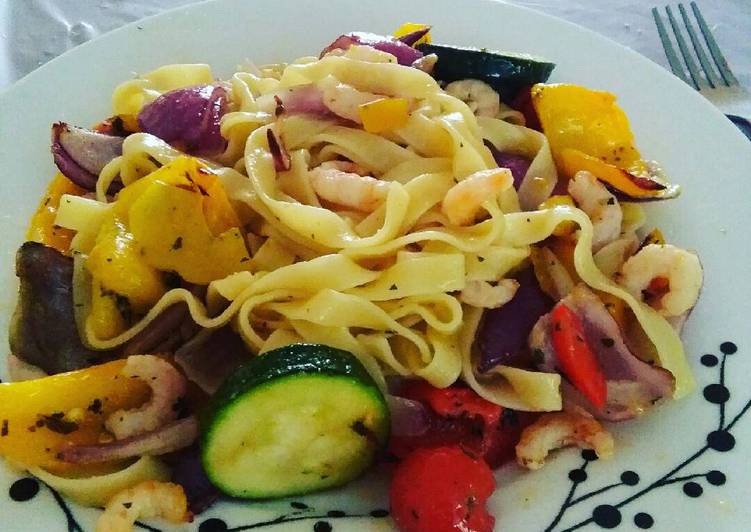 Pasta with Roasted vegetables and prawns