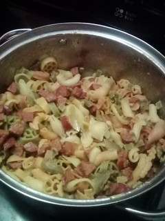 A picture of Kielbasa and noodles.