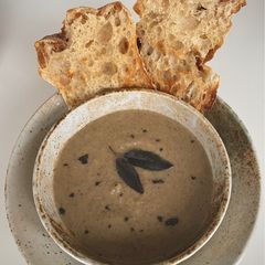 A picture of Woodland Soup with Artichokes, Chestnuts, Mushies and Miso.