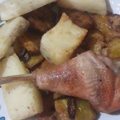 A picture of Crispy yam, fried plantain and a chicken.