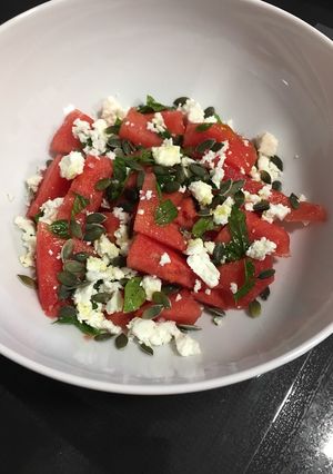 A picture of Watermelon salad with mint and feta.