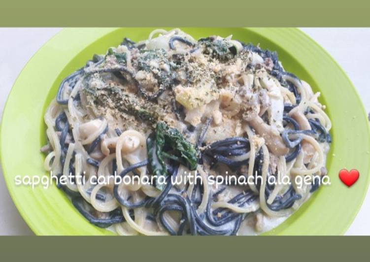 Bagaimana Menyiapkan Spaghetti carbonara with spinach and mozza dijamin creamy Anti Gagal