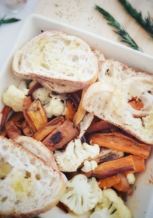 A picture of Roast cauliflower and sweet potatoes.
