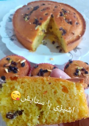 عکسی از دستور کیک زعفران کشمشی