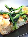 Focaccia with Shrimp, Calamari, and Garlic-Chili Sautéed Dandelion Greens